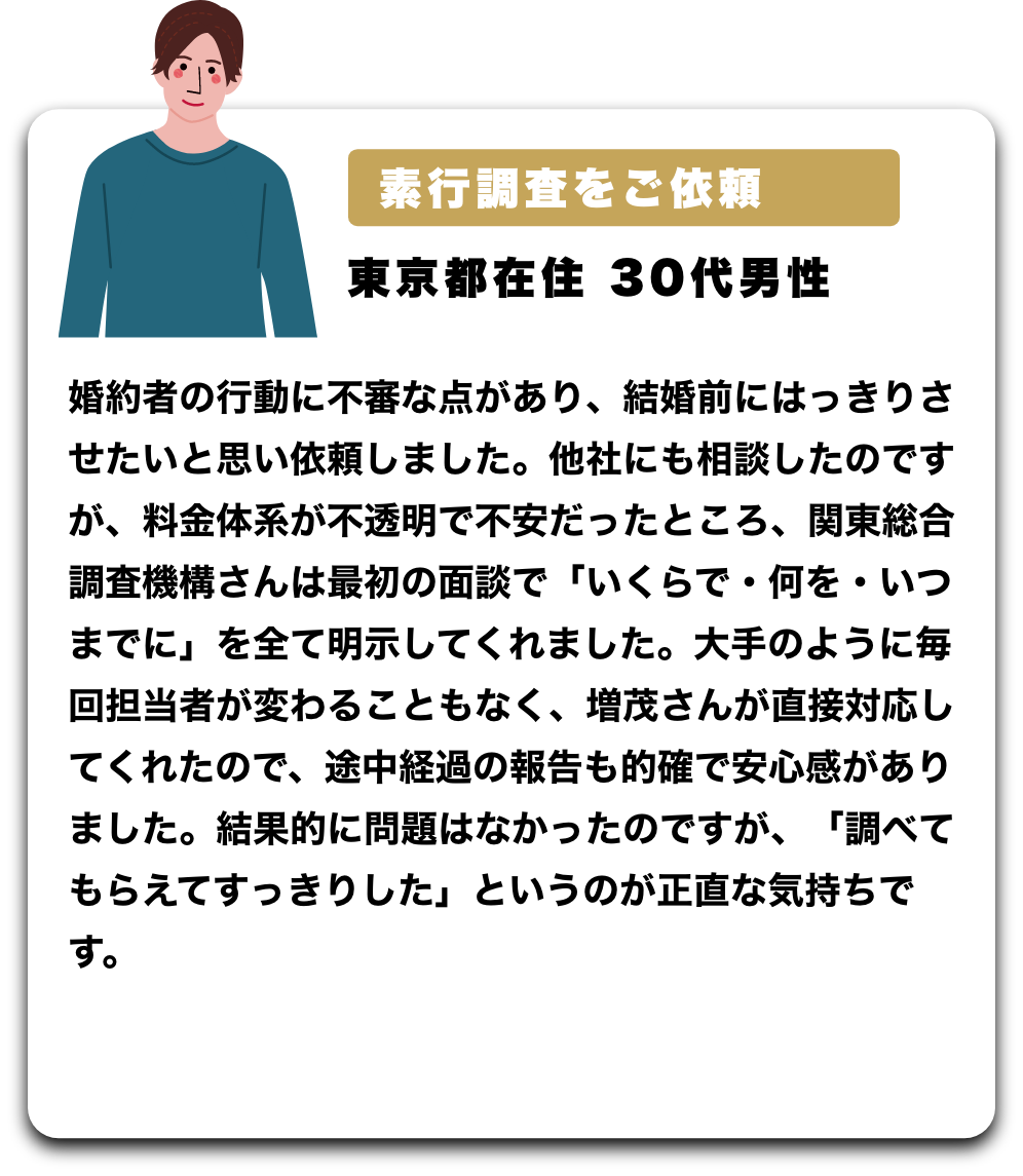 素行調査をご依頼
東京都在住 30代男性
婚約者の行動に不審な点があり、結婚前にはっきりさせたいと思い依頼しました。他社にも相談したのですが、料金体系が不透明で不安だったところ、関東総合調査機構さんは最初の面談で「いくらで・何を・いつまでに」を全て明示してくれました。大手のように毎回担者が変わることもなく、増茂さんが直接対応してくれたので、途中経過の報告も的確で安心感がありました。結果的に問題はなかったのですが、「調べてもらえてすっきりした」というのが正直な気持ちです。